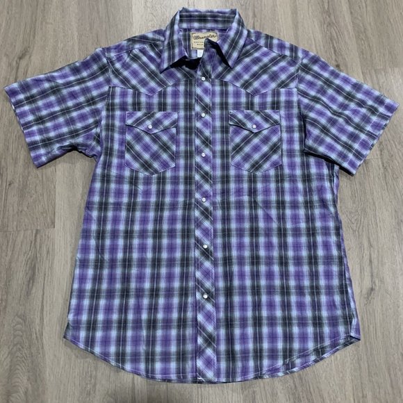 Wrangler Other - Wrangler Pearl Snap Western Shirt Mens L Purple Plaid S/S Buttons Rancher Cowboy